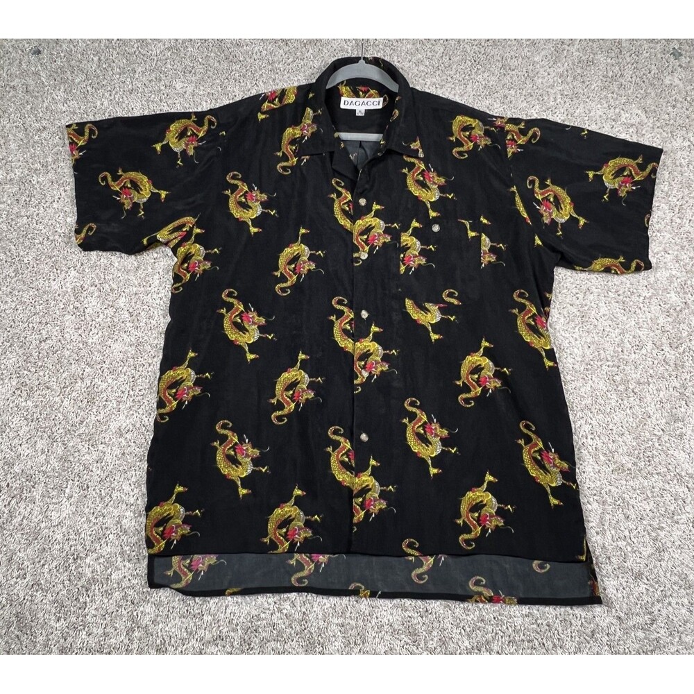Dagacci Mens Shirt Size XL Black Dragons Print Button Up Short Sleeve